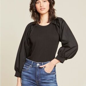 Veronica Beard Black Gibson Contemporary Ribbed Black Pleated Sleeve Blouse Top